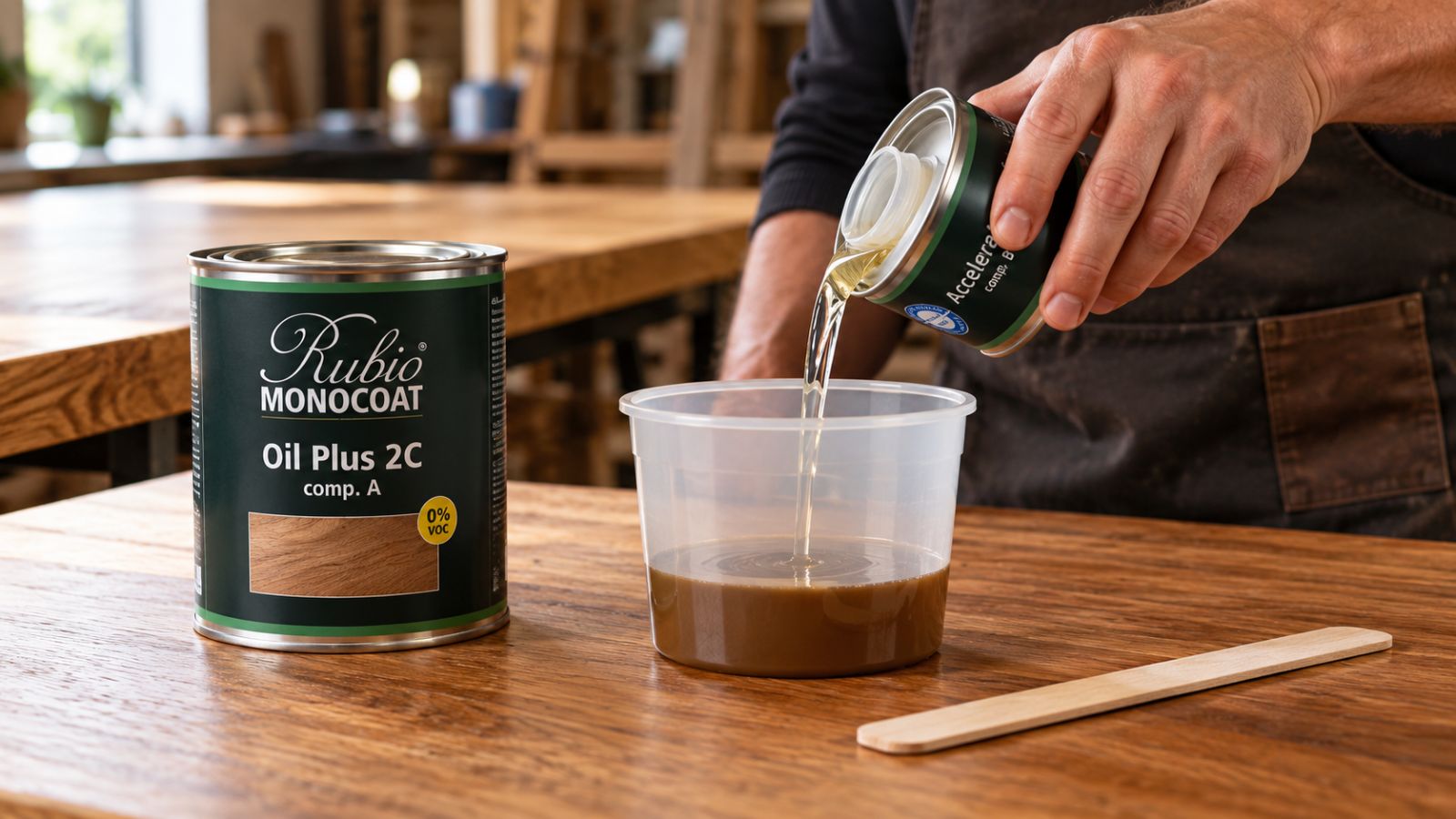 Rubio Monocoat Oil Plus 2C - Přesné odměření složky A a akcelerátoru B před mícháním